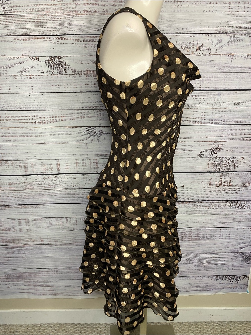 Joseph Ribkoff Sleeveless Dress with Gold Polka Dots - Picture 3 of 5